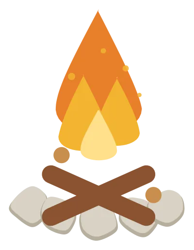 A campfire with crossed logs, orange and yellow flames and a ring of stones.