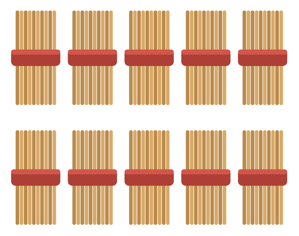 Ten bundles of ten craft sticks, each tied with a rubber band, arranged in two rows.