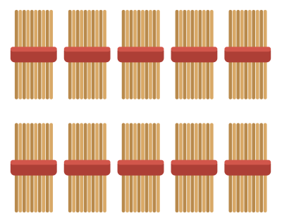 Ten bundles of ten craft sticks, each tied with a rubber band, arranged in two rows.