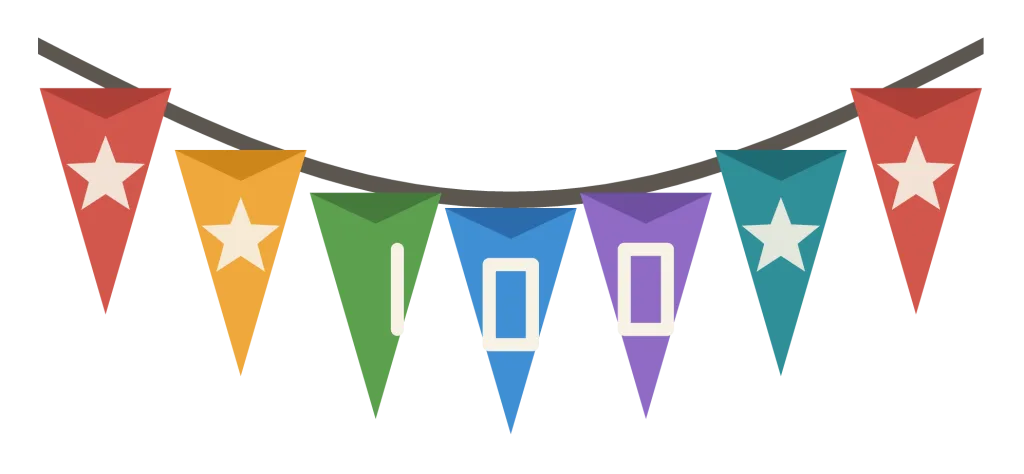 A string of pennant flags spelling out the hundredth day, hung in a curve.