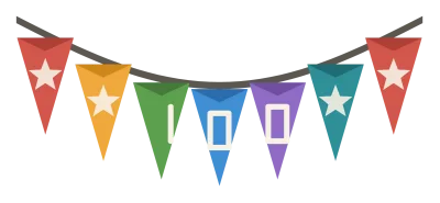 A string of pennant flags spelling out the hundredth day, hung in a curve.