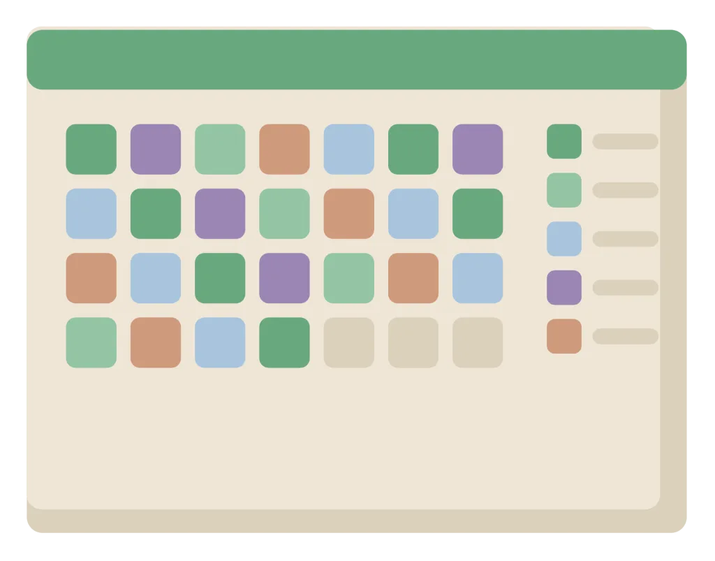 A month grid of small coloured squares, each shaded for a different mood, with a key beside it.