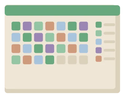 A month grid of small coloured squares, each shaded for a different mood, with a key beside it.