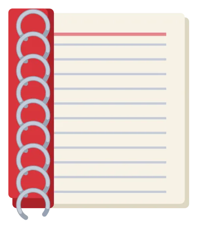 A spiral-bound notebook with a red cover, ruled pages and a wire binding down one side.