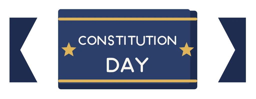 A navy ribbon banner reading Constitution Day, with swallowtail ends and a gold rule.