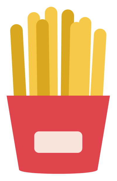 A red carton of french fries with golden chips standing up out of it.