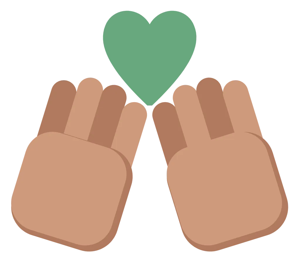 Two open hands tilted toward each other with a small heart held between them.