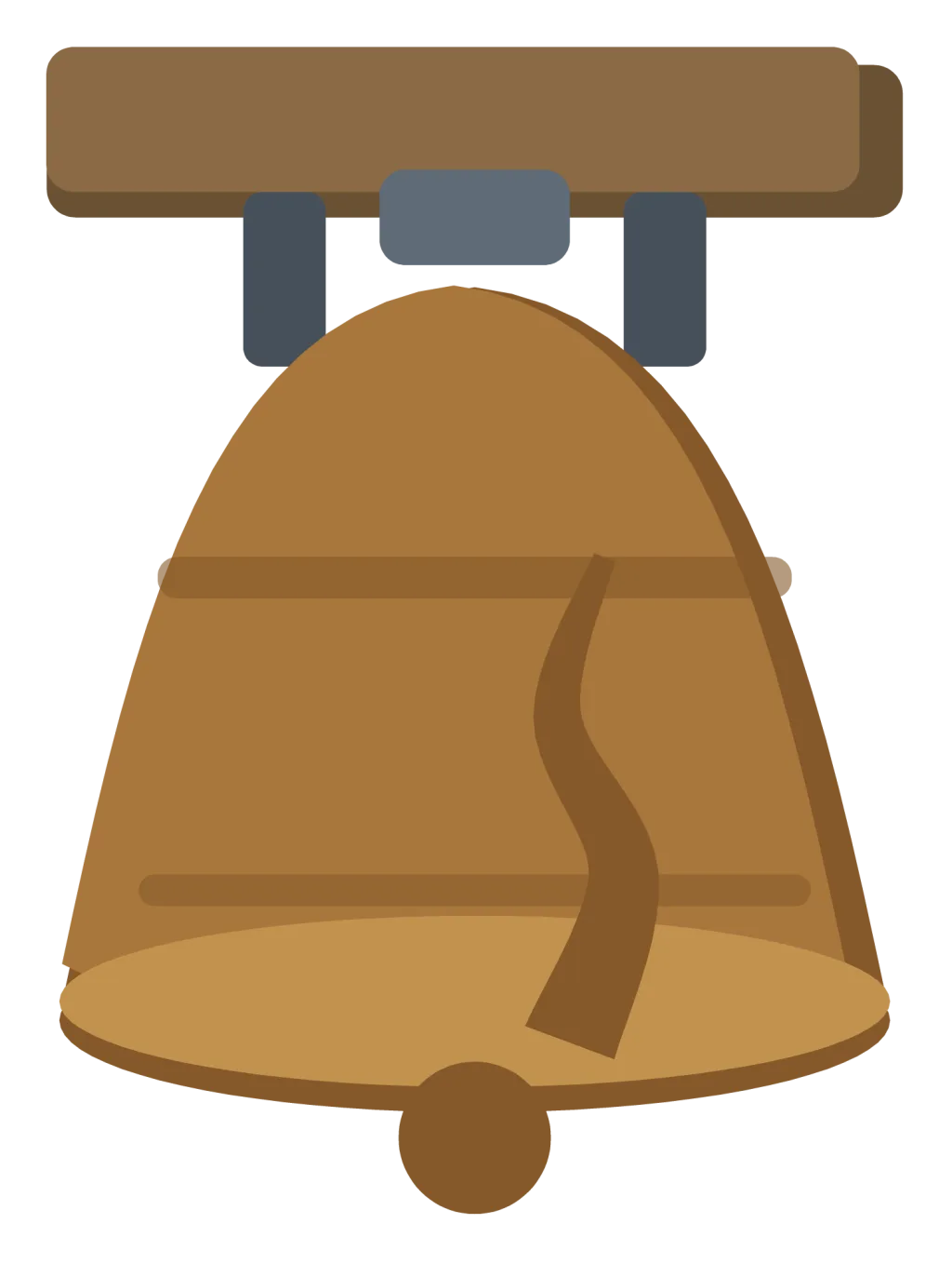 A bronze Liberty Bell hanging from a wooden yoke, with the famous crack running up from the rim.
