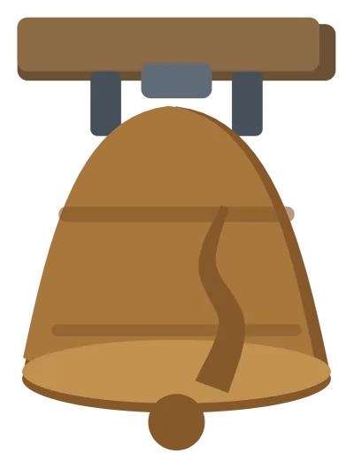 A bronze Liberty Bell hanging from a wooden yoke, with the famous crack running up from the rim.