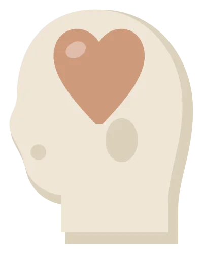 A head shown in profile with a heart resting inside it.
