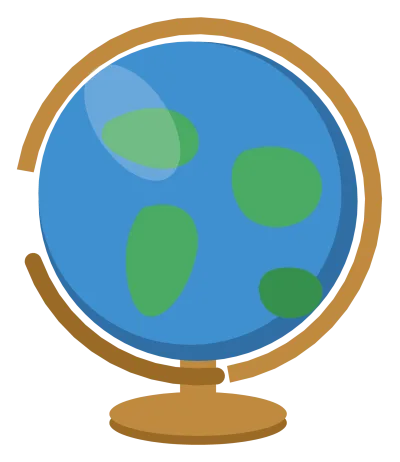 A blue and green desk globe tilted on a bronze meridian ring and a round base.