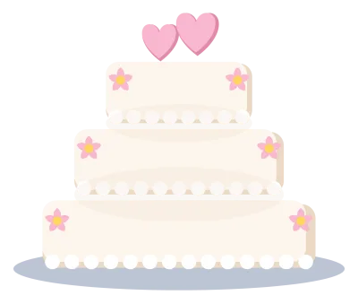 A three-tier white wedding cake with piped edges, small pink flowers and two hearts on top.