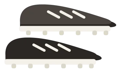 A pair of black soccer boots cut low at the ankle, with studs underneath and white stripes on the side.