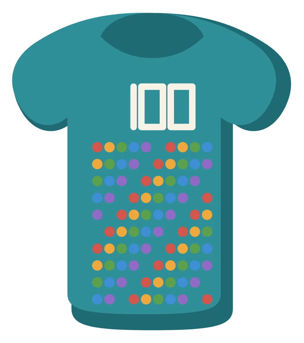 A t-shirt with a hundred coloured dots arranged in ten rows of ten across the front.