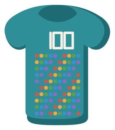 A t-shirt with a hundred coloured dots arranged in ten rows of ten across the front.