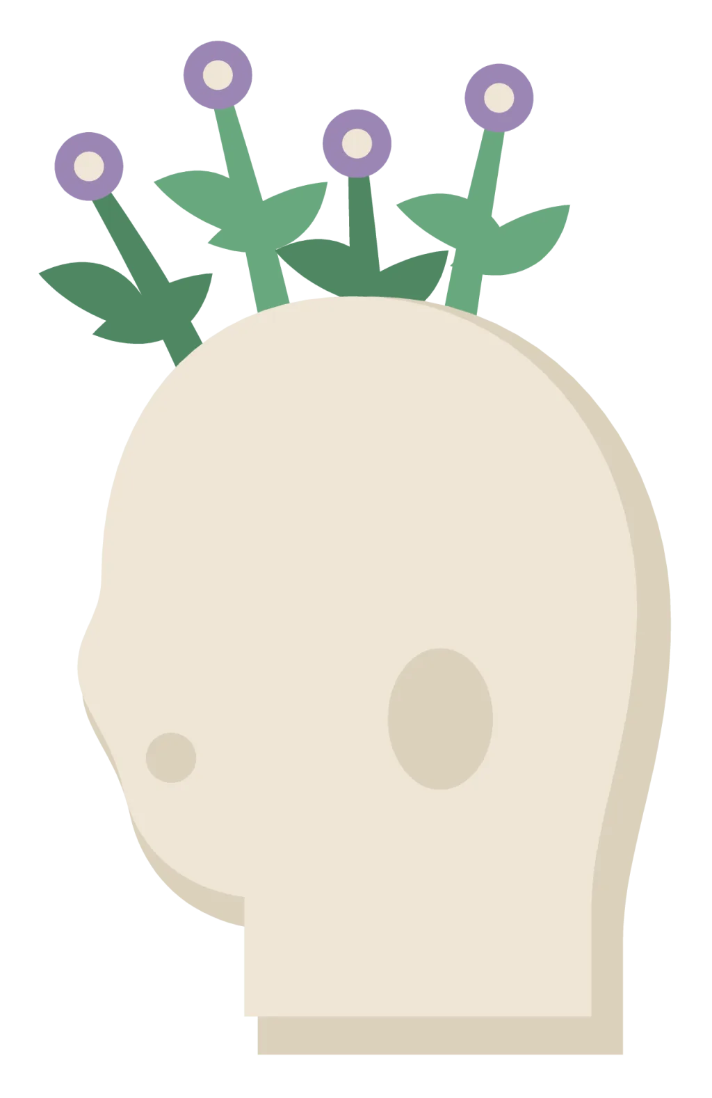 A head in profile with leaves and small flowers growing out of the top of it.