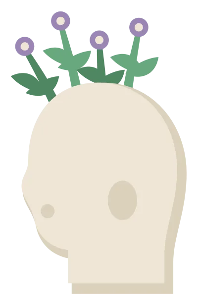 A head in profile with leaves and small flowers growing out of the top of it.
