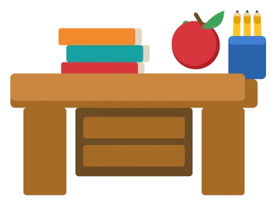 A wooden teachers desk with a stack of books, an apple and a pot of pencils on top.