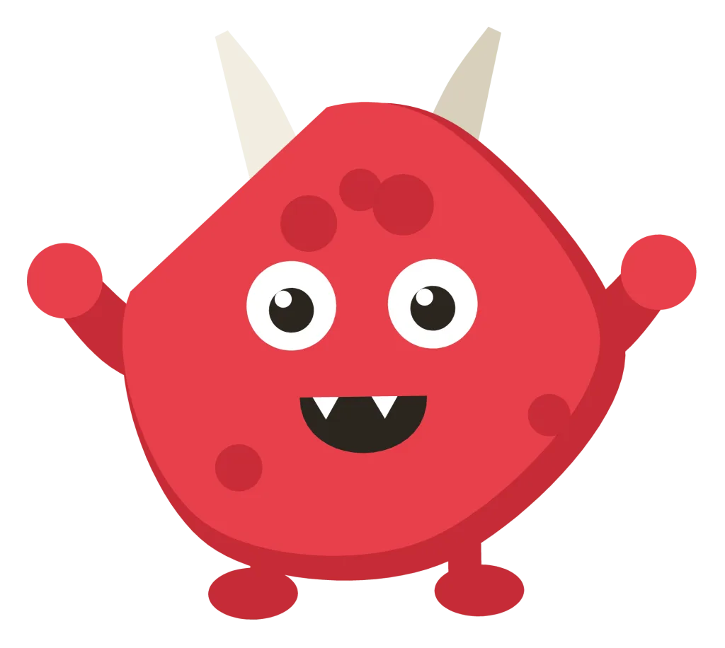 A red Snip with two pale horns, darker spots down its back, arms out and a toothy grin.