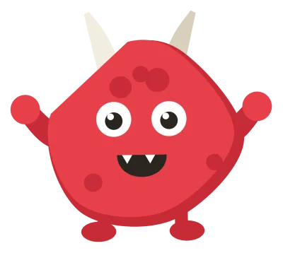 A red Snip with two pale horns, darker spots down its back, arms out and a toothy grin.