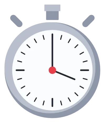 A silver stopwatch with a white face, black hands, a crown button and two side buttons.