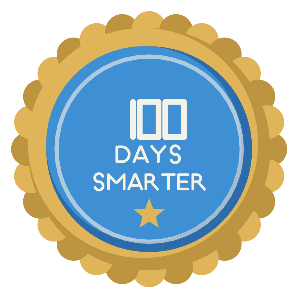 A round badge reading 100 Days Smarter, with a scalloped gold rim and a star.