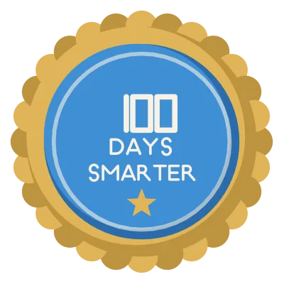 A round badge reading 100 Days Smarter, with a scalloped gold rim and a star.